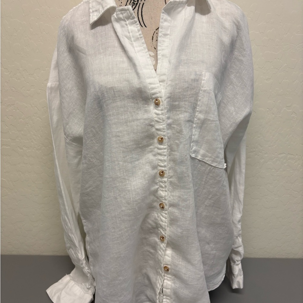Maeve White Linen Button-Up Shirt Size L